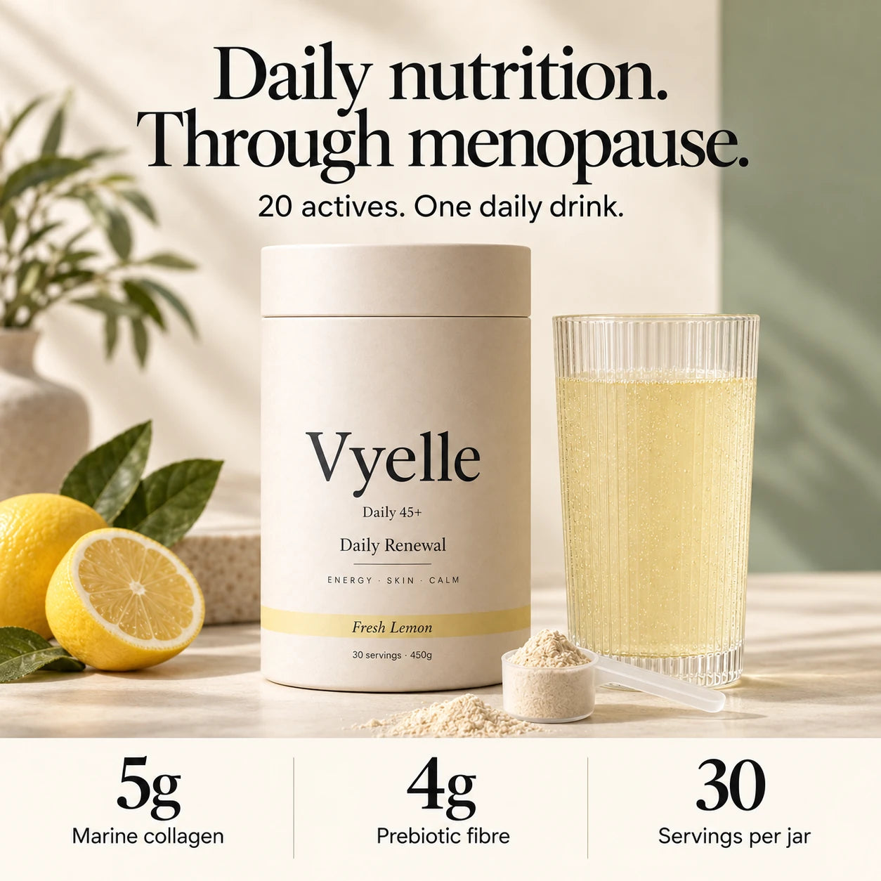 Daily nutrition through menopause: 20 actives, 5g marine collagen, 4g prebiotic fibre, 30 servings