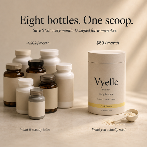 Vyelle Daily Renewal replaces eight separate supplements at $202 per month for one daily scoop at $59 per month — saving $143 every month. Designed for women 45+.