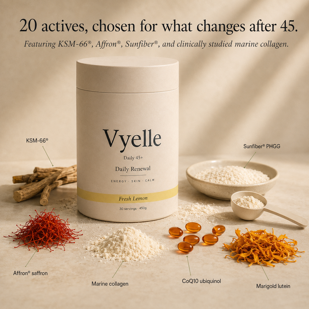 Vyelle Daily Renewal features 20 active ingredients chosen for women 45+, including KSM-66 ashwagandha for stress resilience, Affron saffron for mood balance, Sunfiber PHGG for digestion, marine collagen for skin elasticity, CoQ10 ubiquinol for cellular energy, and marigold lutein for eye health.