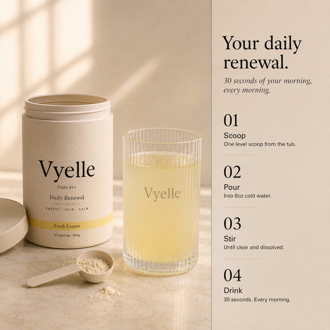 Vyelle Daily Renewal four-step morning ritual — scoop one level dose from the tub, pour into 8oz cold water, stir until clear and dissolved, drink. 30 seconds every morning. Designed for women 45+.