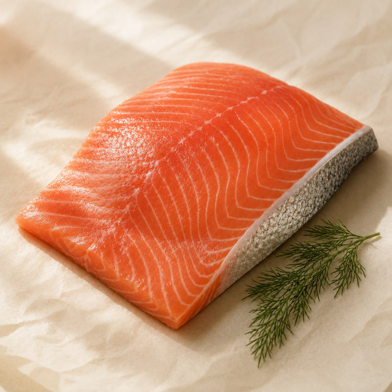 Wild Atlantic salmon fillet — the natural source of marine collagen peptides used in Vyelle Daily Renewal at 5,000mg per scoop, for skin elasticity, hair, nails and joint comfort in women 45+.