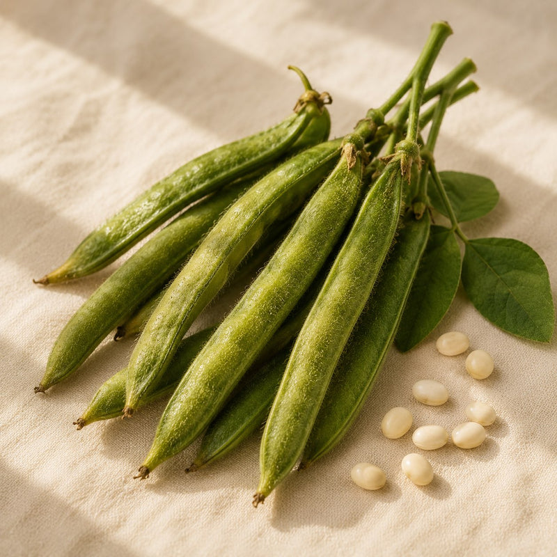 Fresh green cluster bean pods — the source of partially hydrolyzed guar gum (PHGG) prebiotic fibre used in Vyelle Daily Renewal at 4,000mg per scoop, for daily gut comfort and regularity in women 45+.