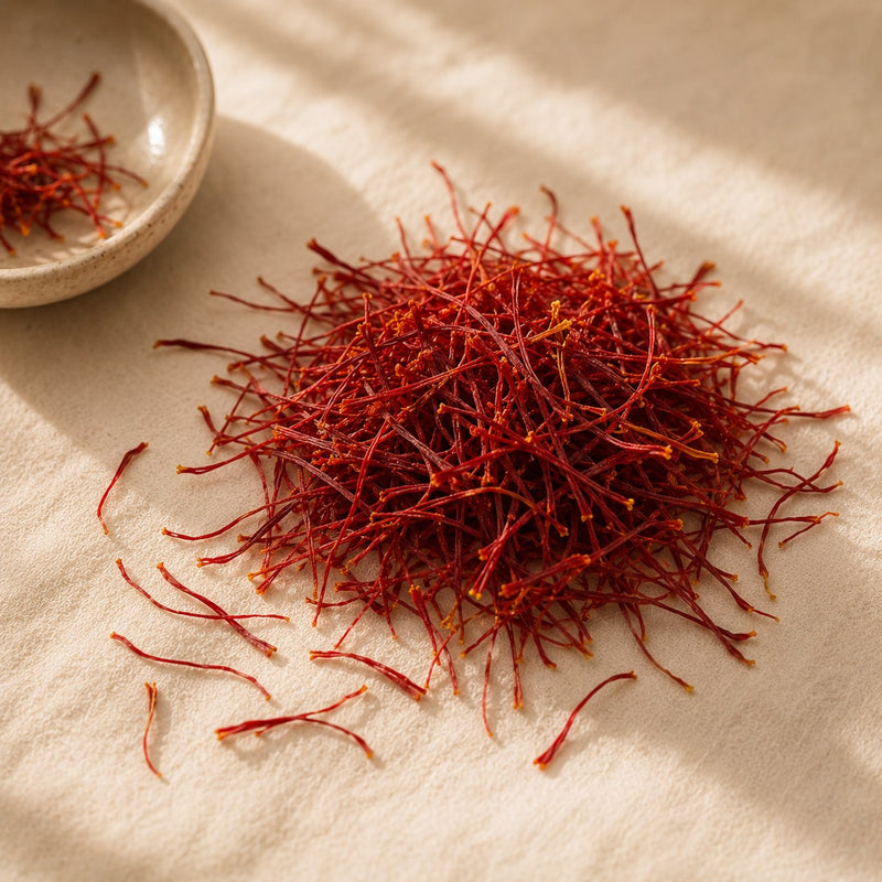Red-orange Persian saffron threads — the source of Affron saffron extract used in Vyelle Daily Renewal at 28mg per scoop, for mood and emotional balance through midlife.