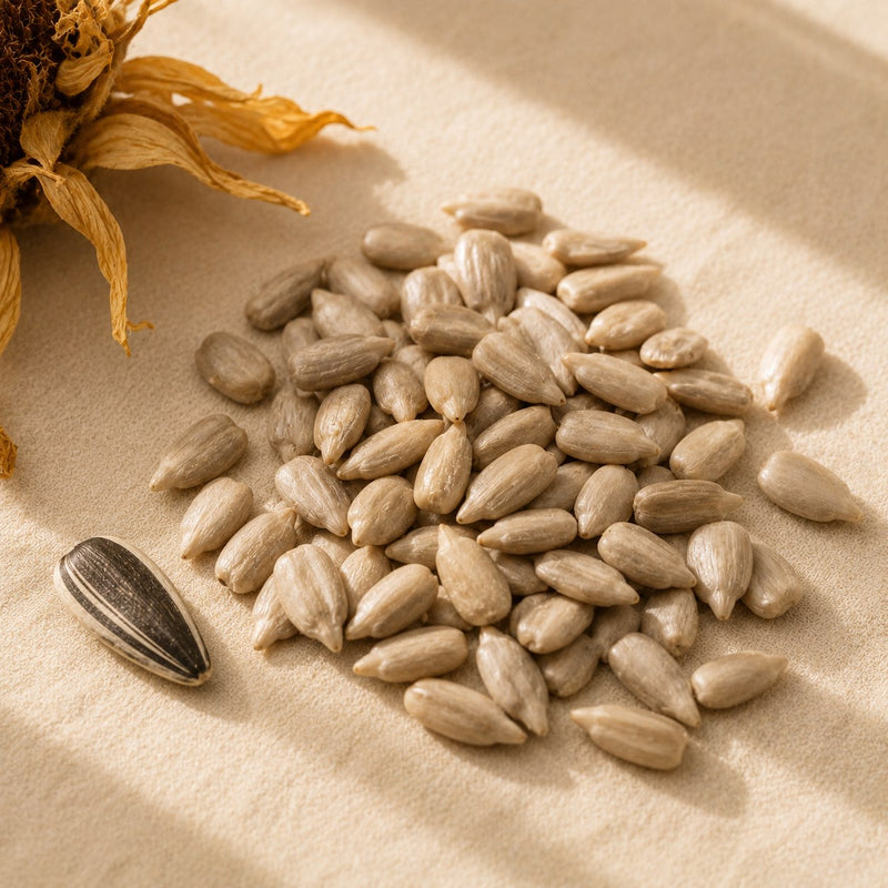 Raw shelled sunflower seeds — a natural source of vitamin E, included in Vyelle Daily Renewal at 15mg per scoop, a fat-soluble antioxidant for skin and cellular protection in women 45+.