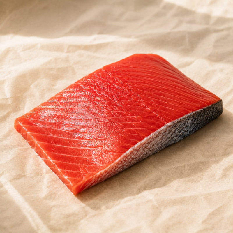 Fresh pink sockeye salmon fillet — a natural source of astaxanthin, included in Vyelle Daily Renewal at 6mg per scoop, a premium carotenoid antioxidant for women 45+.