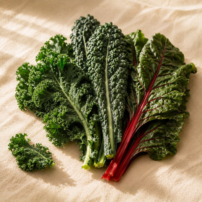 Fresh dark leafy greens including kale and Swiss chard — natural sources of vitamin K1, included in Vyelle Daily Renewal at 90mcg per scoop, working alongside vitamin K2 for bone and blood-clotting function in women 45+.