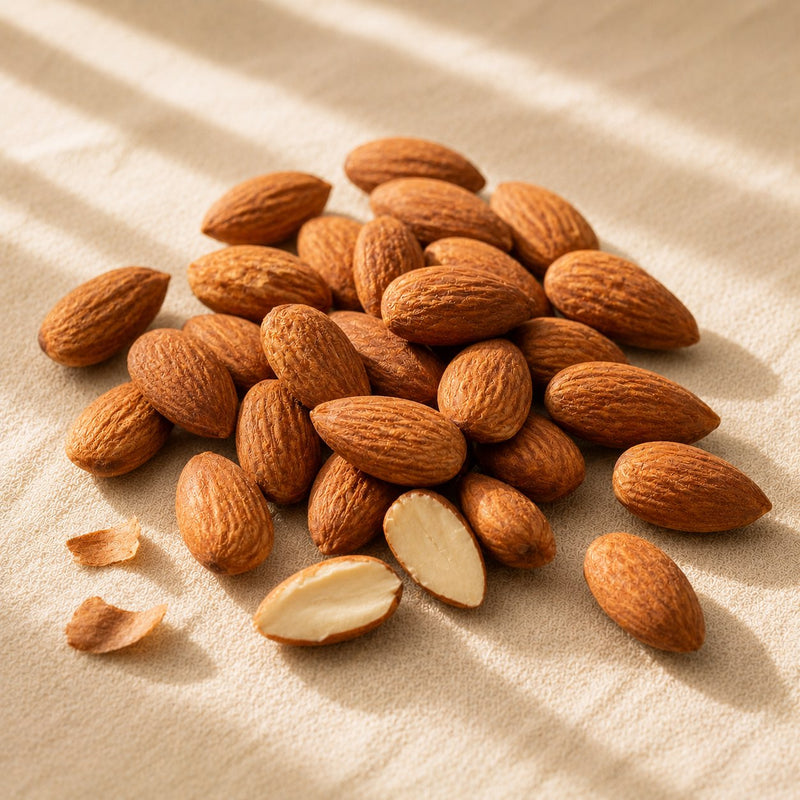 Raw whole almonds with natural brown skins — a natural source of boron, included in Vyelle Daily Renewal at 2mg per scoop, a trace mineral for bone metabolism and mineral balance in women 45+.