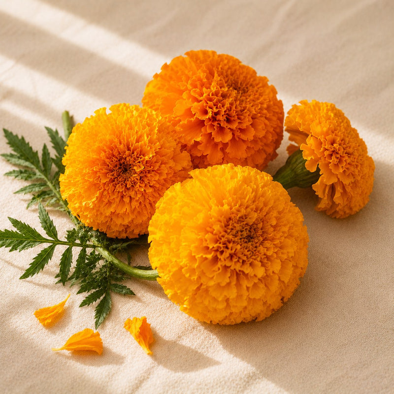 Full-bloom marigold flowers — the natural source of lutein, included in Vyelle Daily Renewal at 10mg per scoop, a carotenoid concentrated in the macular region of the eye for women 45+.