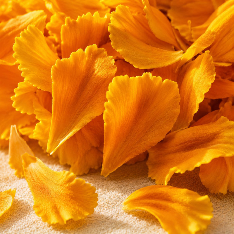 Marigold petal close-up texture — the natural source of zeaxanthin, included in Vyelle Daily Renewal at 2mg per scoop, paired with lutein for long-term eye health research in women 45+.