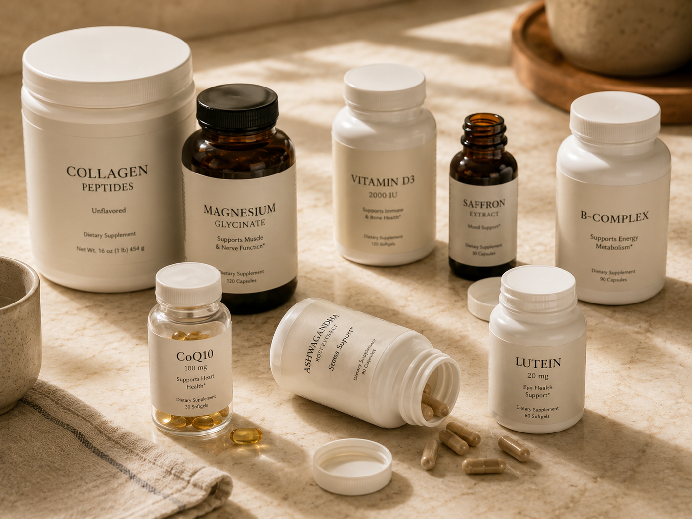 A cluttered bathroom shelf with scattered supplements, skincare bottles, and a half-empty glass — the everyday wellness routine that wasn't designed for women 45+.