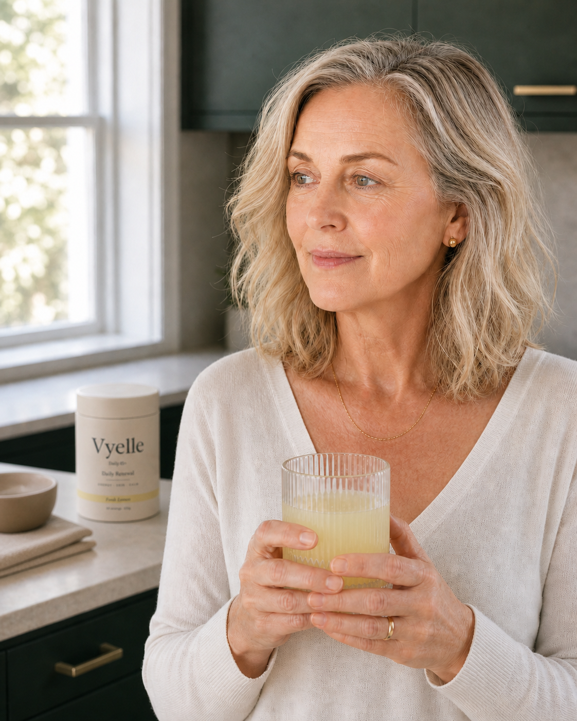 Woman holding the prepared Vyelle drink in a sunlit kitchen.