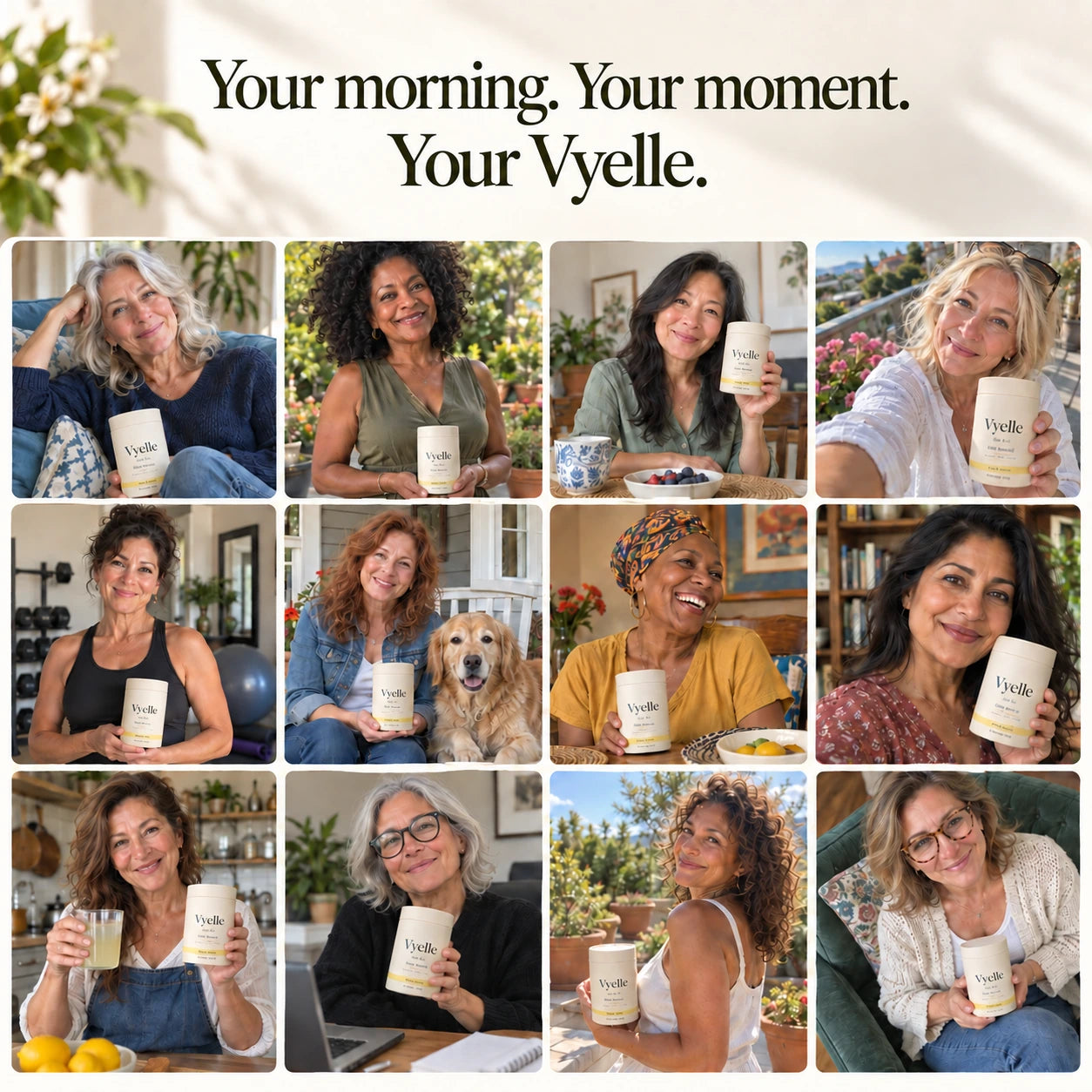 Your morning. Your moment. Your Vyelle. AI-generated lifestyle collage in varied home and outdoor settings