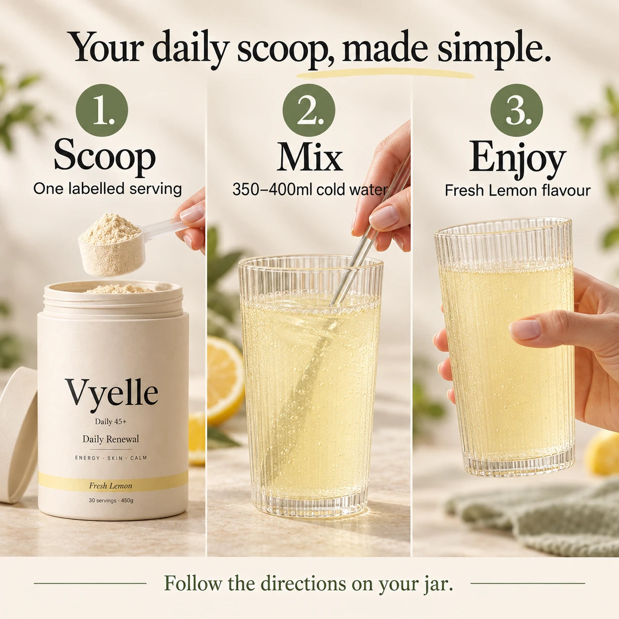 Preparation: one labelled serving, mix with 350–400ml cold water, enjoy Fresh Lemon
